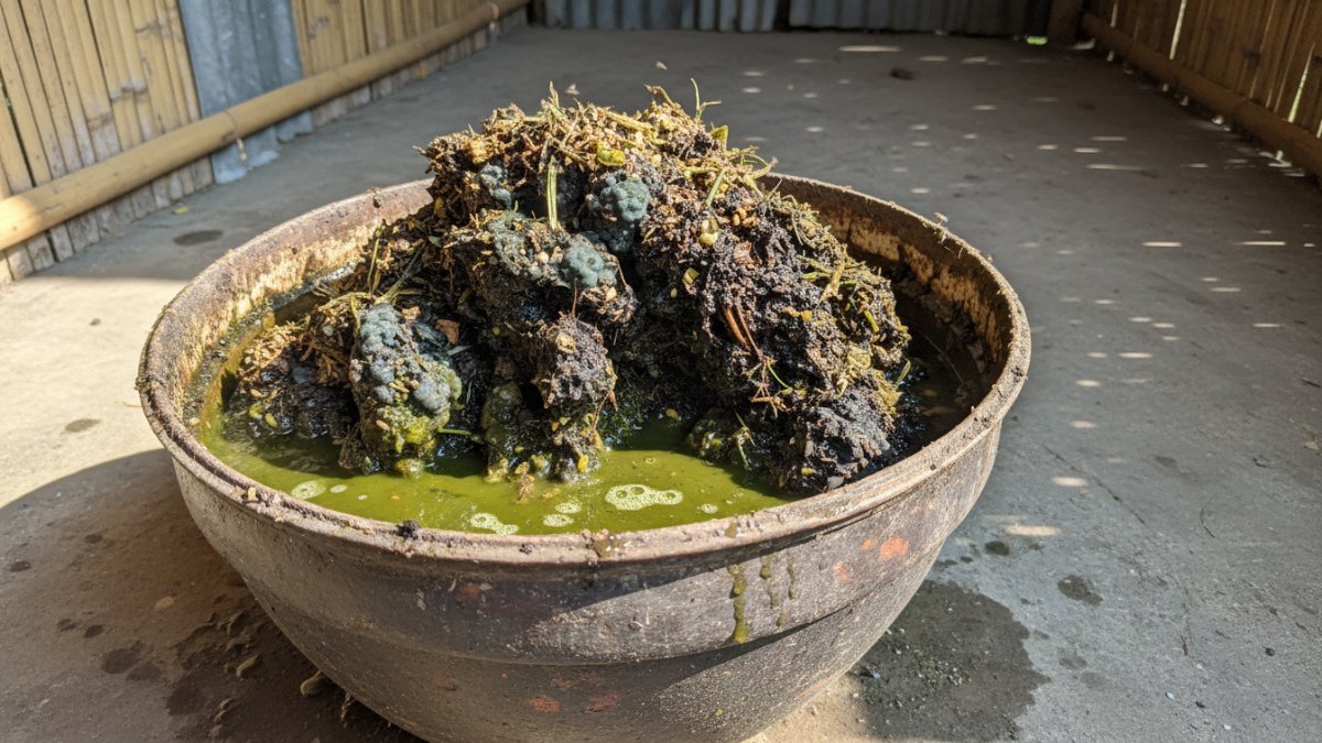 Contoh pakan fermentasi yang rusak dengan jamur hitam dan bau busuk akibat kadar air terlalu tinggi dan wadah tidak tertutup rapat. 