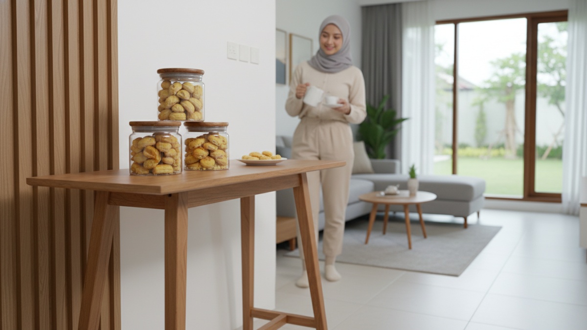 Meja tambahan sederhana di ruang tamu yang digunakan untuk menata toples kue Lebaran agar terlihat rapi. 