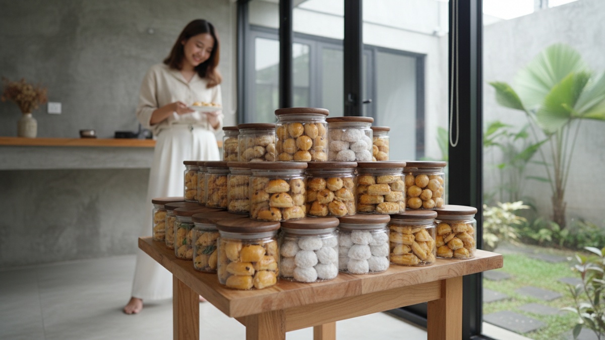 Susunan toples kue yang terlalu rapat di meja kecil sehingga terlihat penuh. 