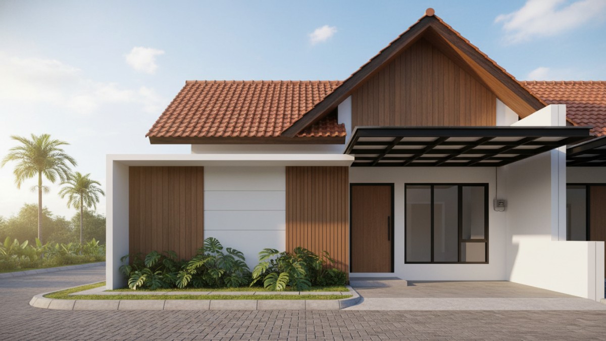 Desain rumah modern dengan atap genteng elegan yang membentuk fasad rumah terlihat tegas dan berkelas.