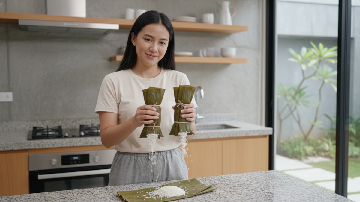 Kesalahan umum saat mengisi beras terlalu penuh ke dalam bungkus lontong. 