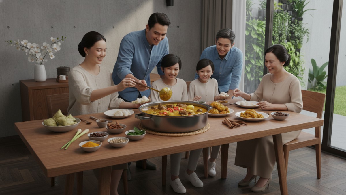 Panci besar kuah kari Lebaran di meja makan keluarga dengan rempah khas Indonesia yang menggoda. 