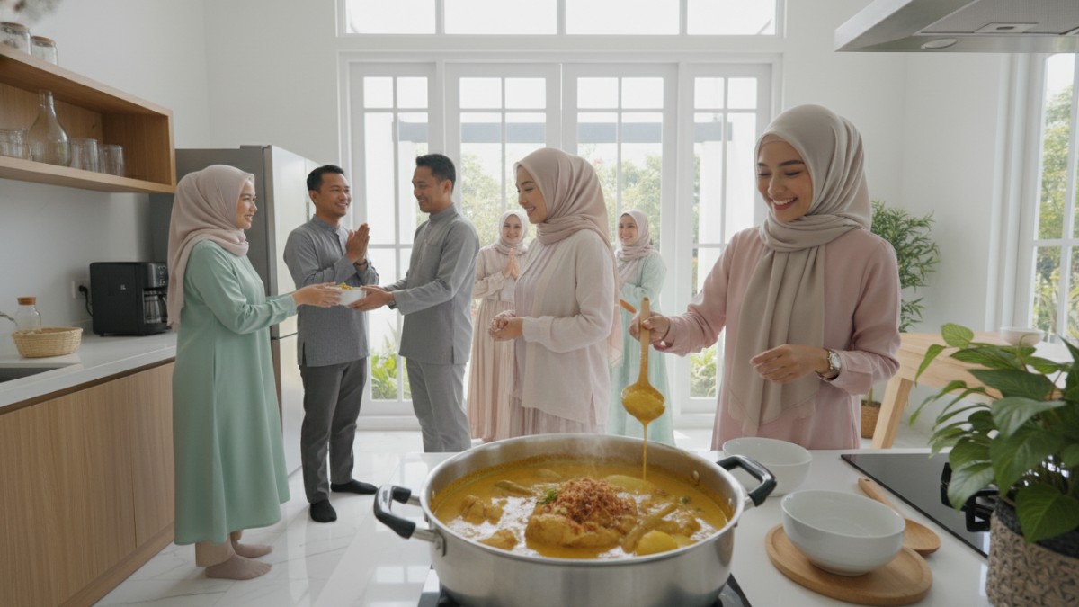 Kuah kari santan di dapur rumah saat Lebaran dengan panci besar dan tamu datang bergantian. 
