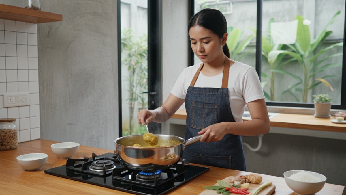 Teknik dapur memanaskan kari dengan api kecil menggunakan panci dasar tebal. 