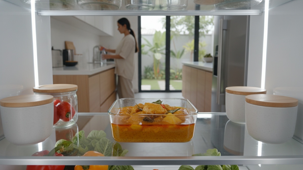 Wadah kaca penyimpanan kari di kulkas rumah tangga modern. 