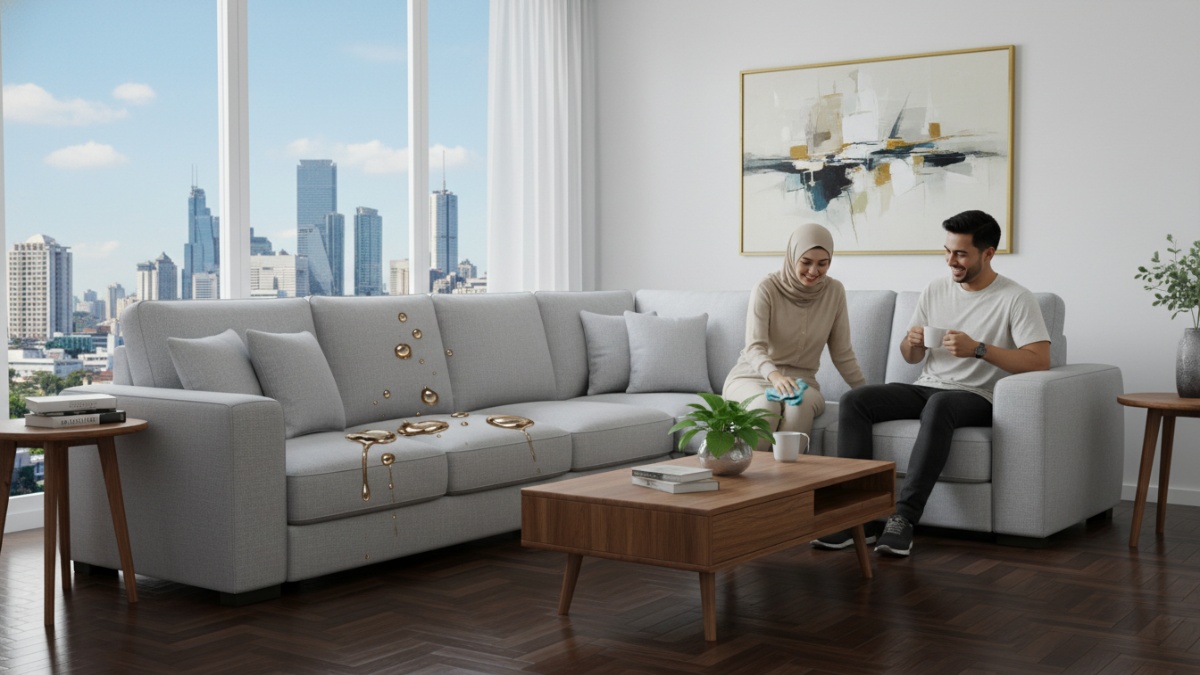 Sofa ruang tamu modern dengan pelapis kain yang melindungi dari tumpahan minuman. 