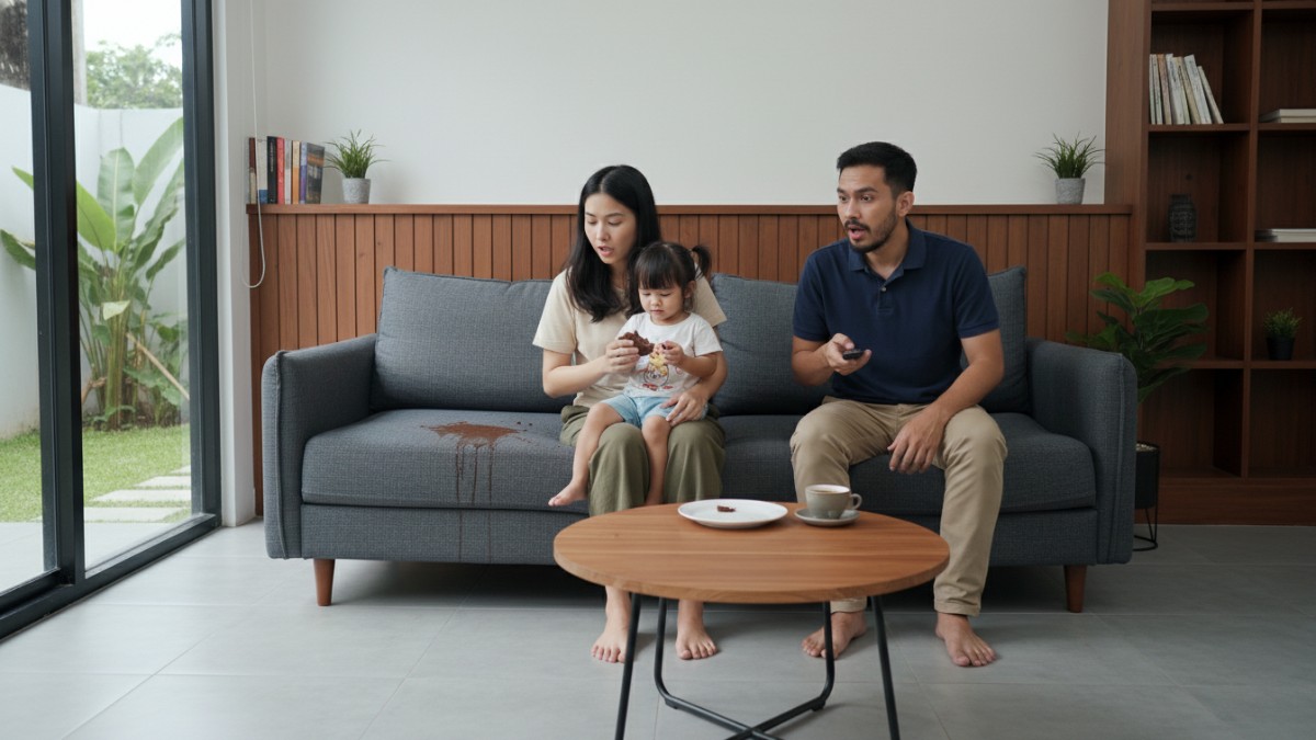 Contoh sofa kain rumah tangga yang mudah menyerap noda makanan. 