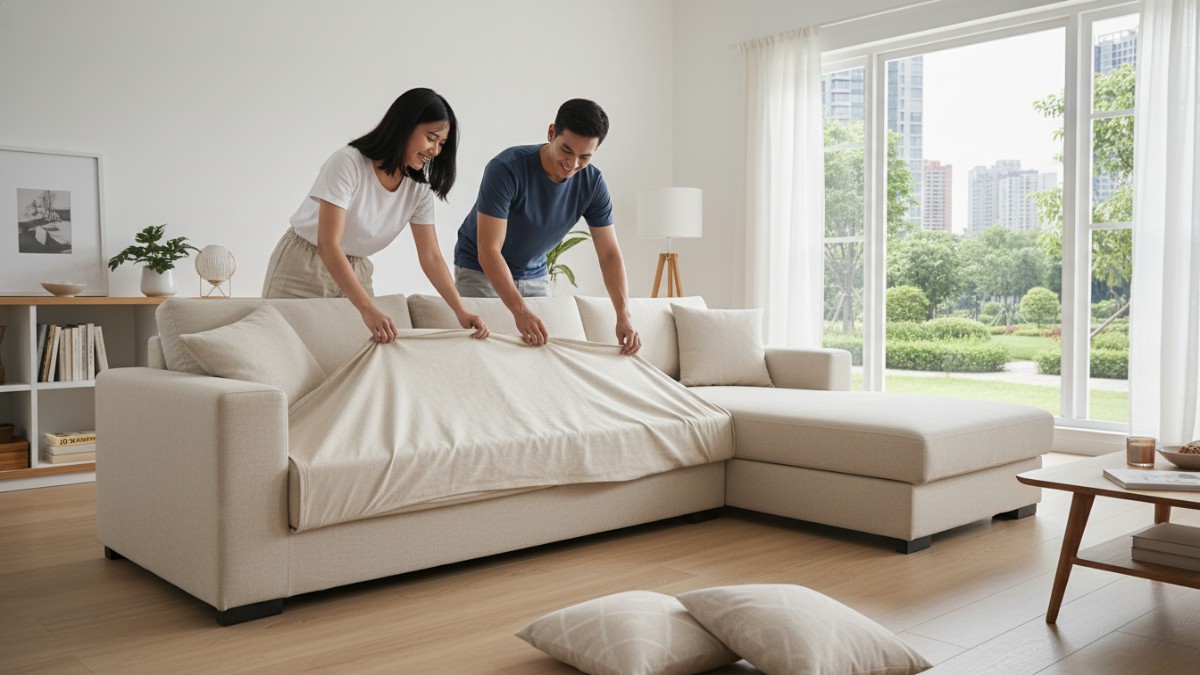 Proses memasang sarung sofa lepas-pasang di ruang keluarga. 