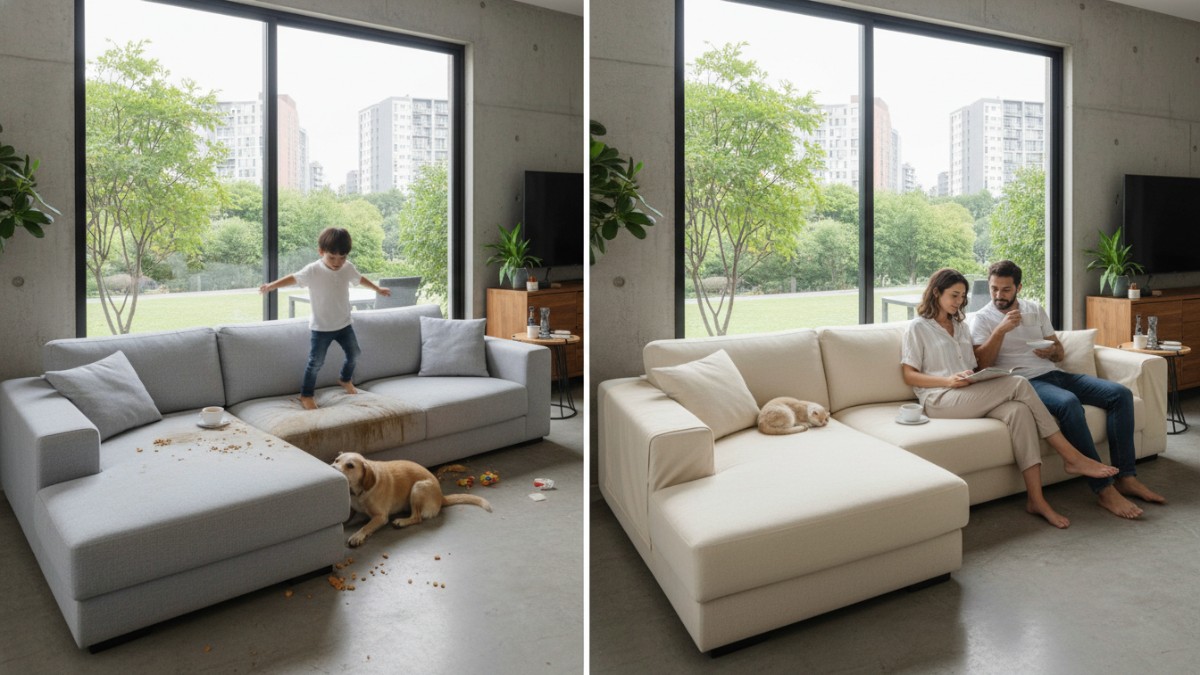 Perbandingan sofa tanpa pelindung dan sofa dengan cover pelindung. 