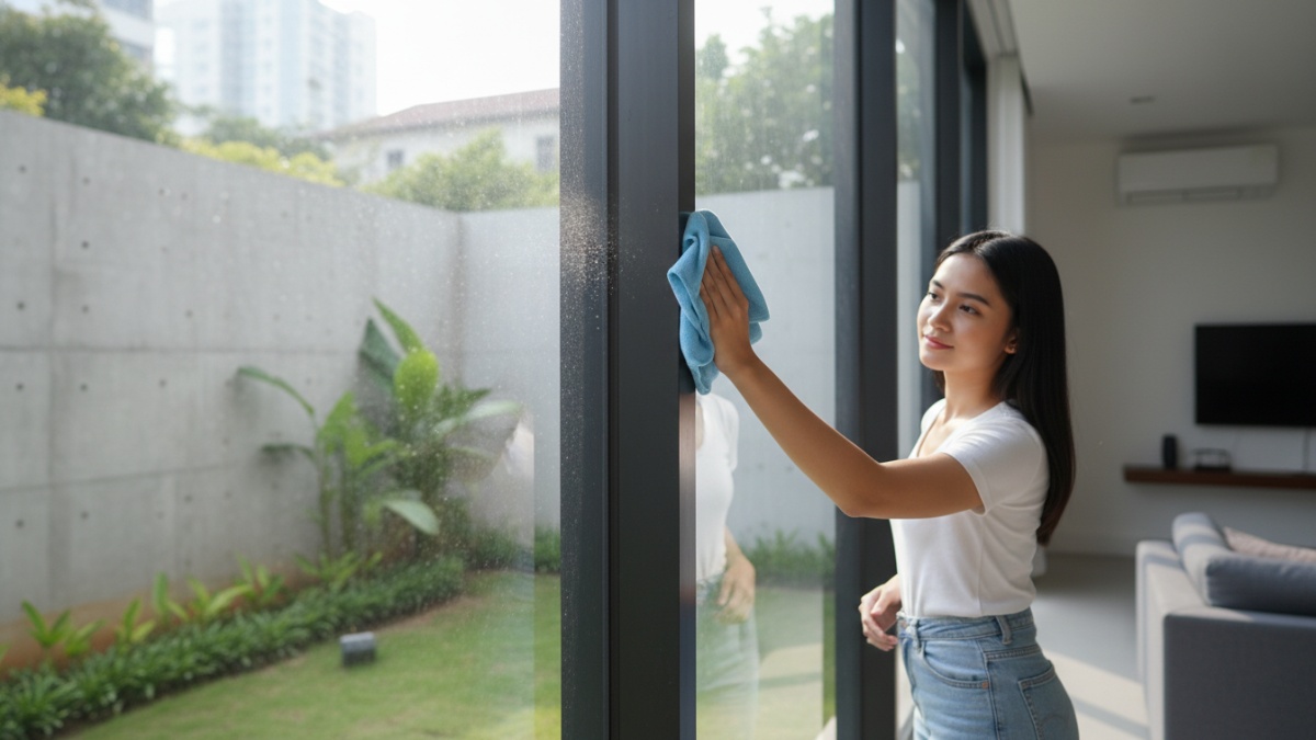 Membersihkan sudut jendela menggunakan kain microfiber agar debu terangkat. 