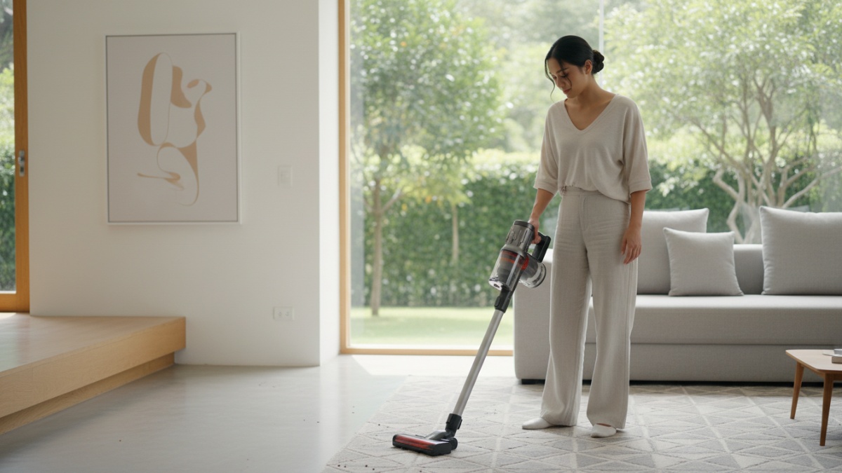 Vacuum cleaner dengan nozzle kecil membersihkan sudut karpet. 