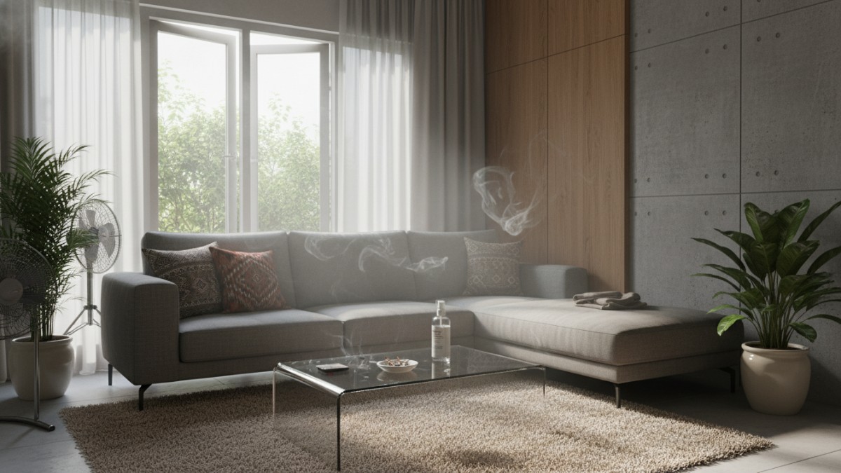 Ilustrasi ruang tamu rumah dengan aroma asap rokok yang menempel pada sofa dan gorden.