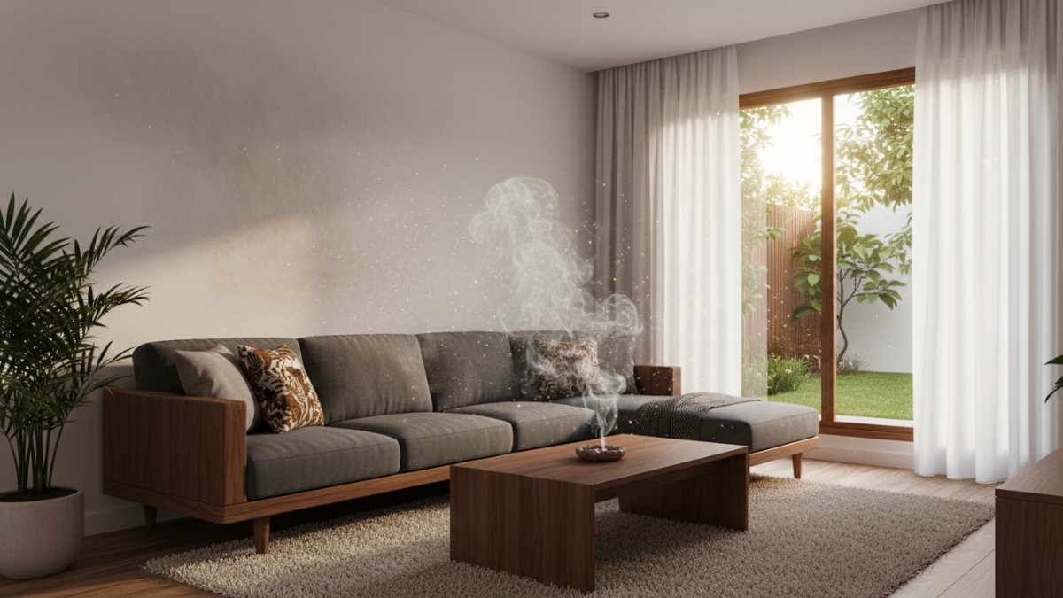 Ilustrasi partikel asap rokok menempel pada furnitur rumah dan dinding
