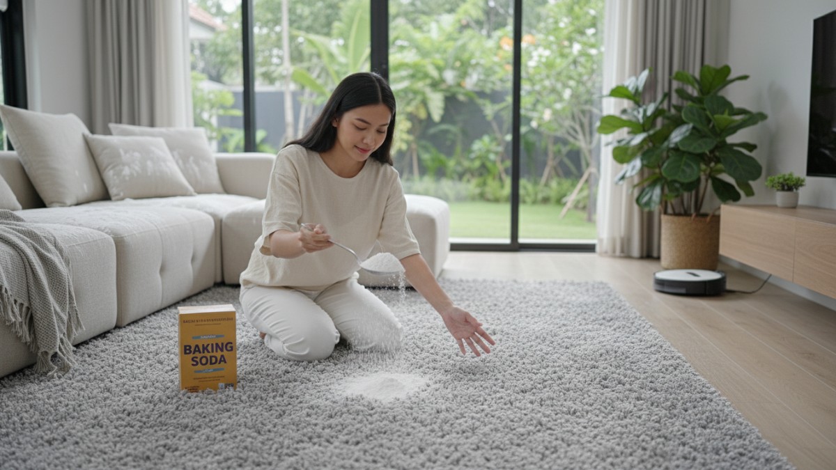 Proses menaburkan baking soda pada karpet untuk menyerap bau rokok.