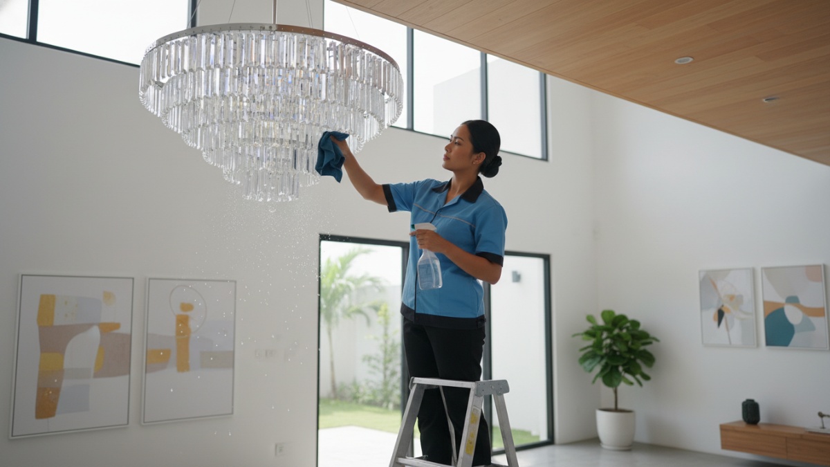 Proses membersihkan lampu gantung menggunakan kain microfiber dan cairan pembersih kaca. 