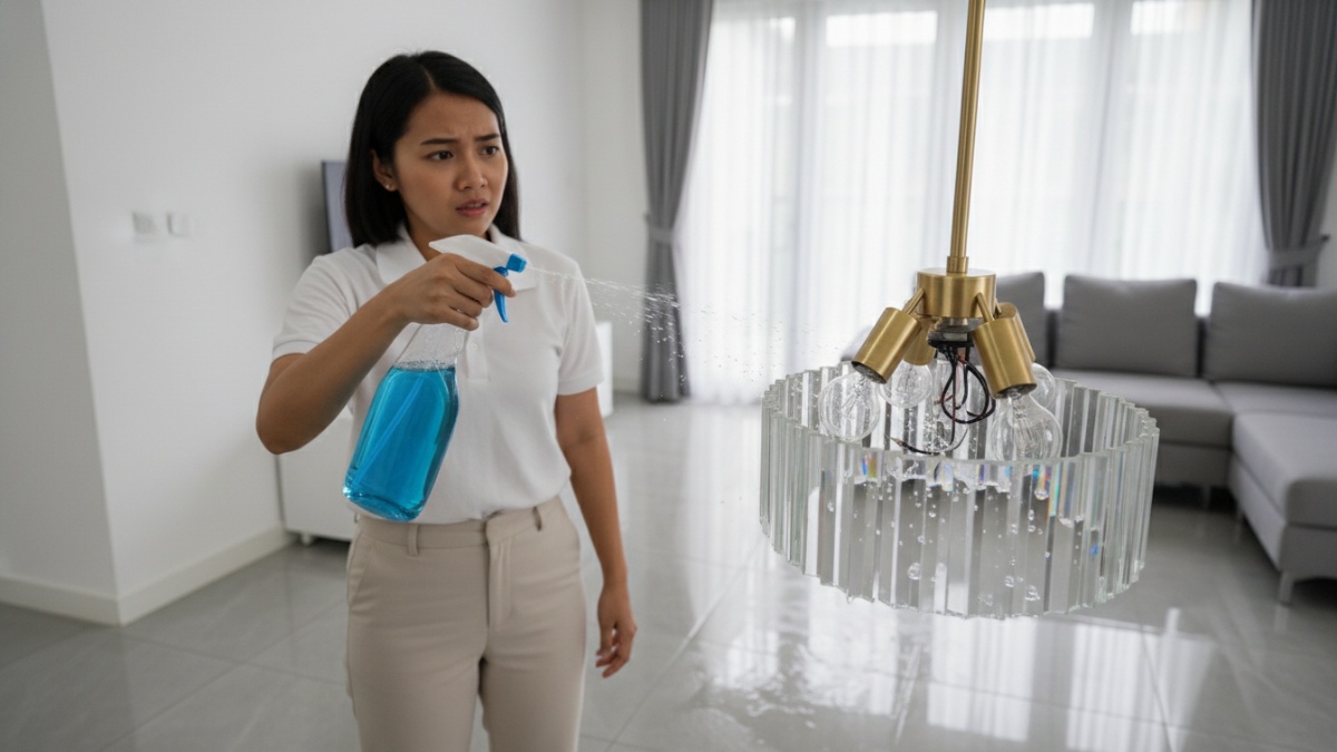 Contoh kesalahan membersihkan lampu gantung dengan menyemprot cairan langsung ke fitting lampu.