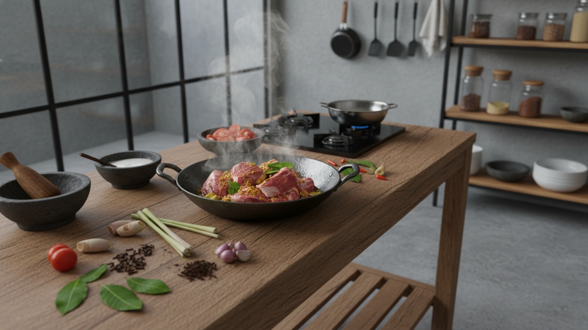 Proses memasak daging sapi di dapur rumah dengan rempah Nusantara untuk mengurangi aroma amis. 