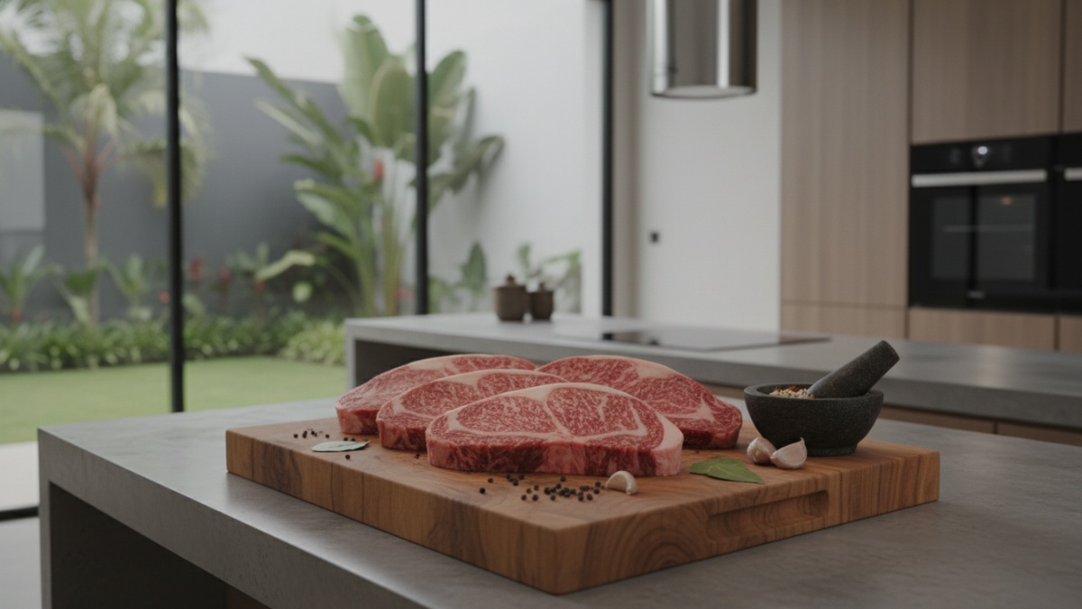 Daging sapi segar di talenan dapur sebelum dimasak. 