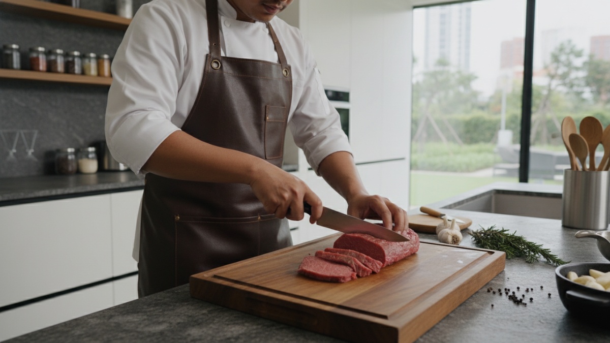 Koki mempersiapkan daging dengan teknik dapur profesional. 