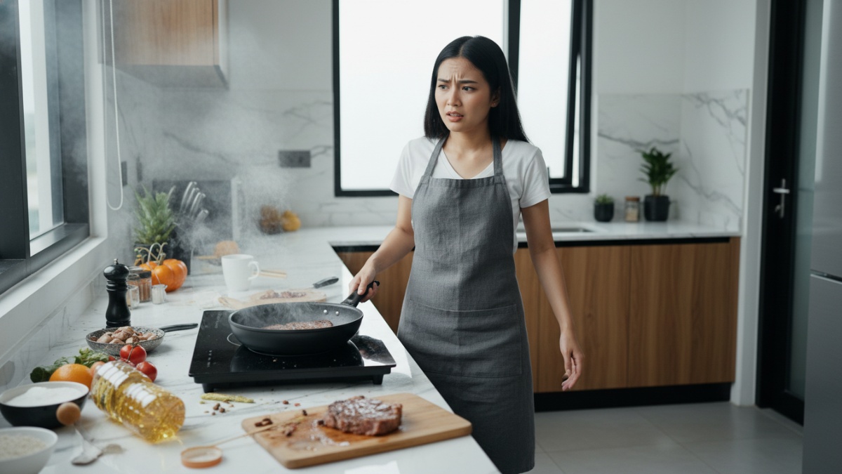 Contoh kesalahan umum saat memasak daging di dapur rumah. 
