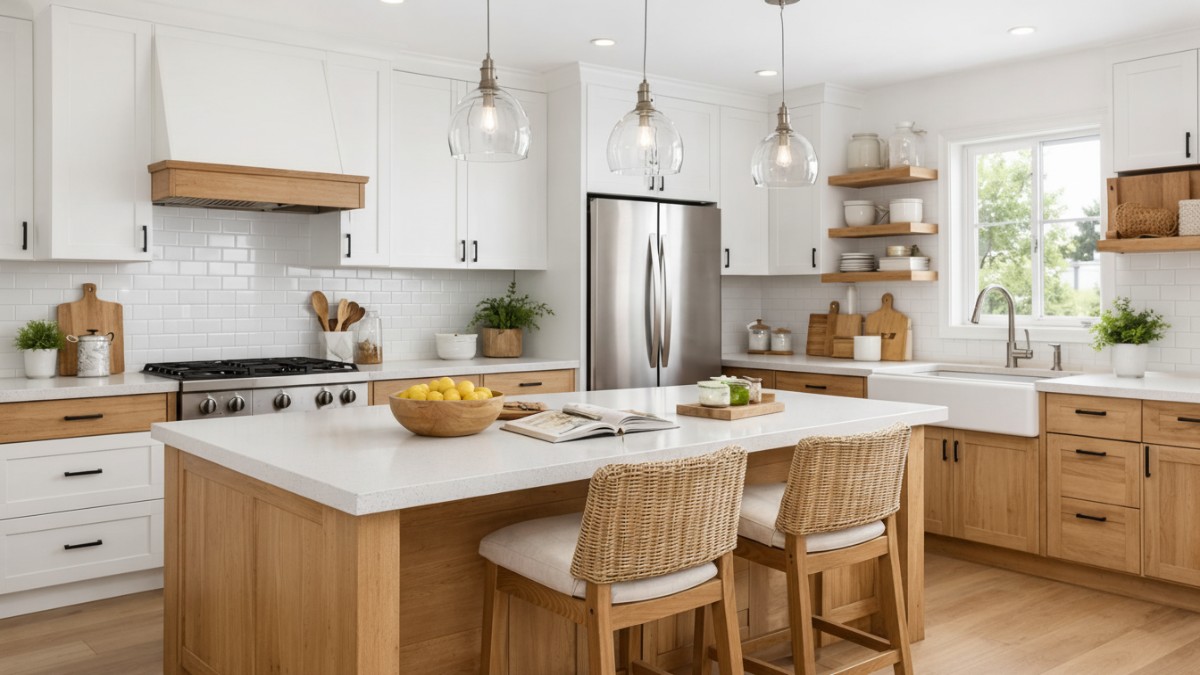 Dapur klasik minimalis dengan warna dasar putih dan aksen kayu natural.