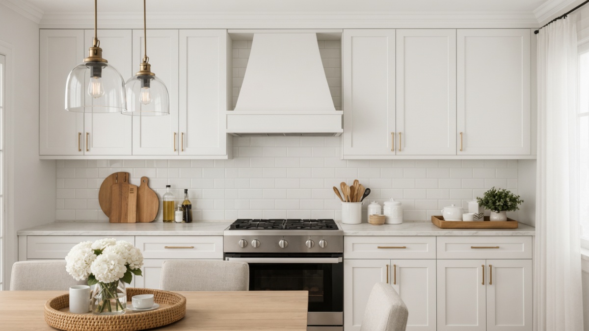 Dapur klasik minimalis dengan kabinet panel klasik sederhana.