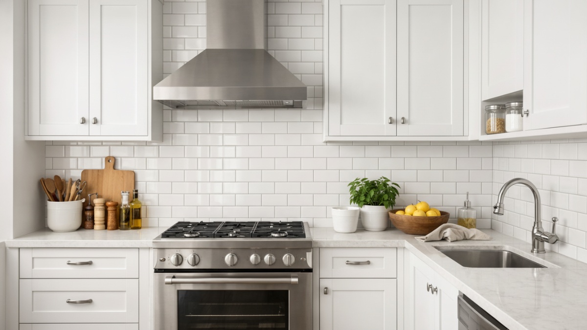 Dapur klasik minimalis dengan backsplash motif klasik ringan.