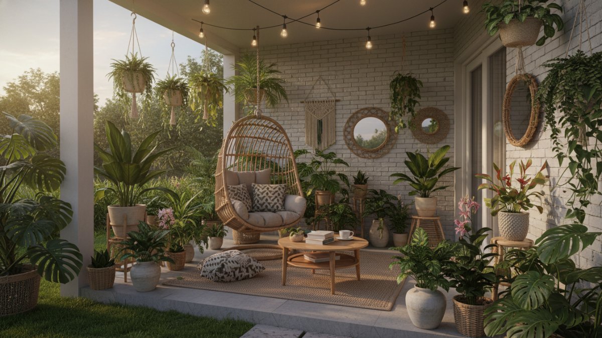 Ilustrasi teras rumah minimalis penuh tanaman dan dekor Instagramable yang tampil cozy untuk foto feed.