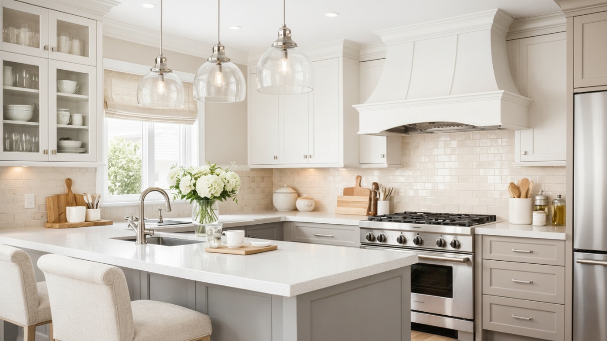 Dapur klasik minimalis dengan kombinasi warna netral.