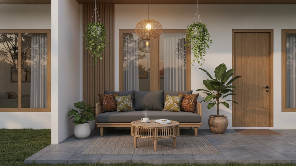  rumah minimalis Teras rumah gaya caf&eacute; dengan meja sofa outdoor, pencahayaan hangat, dan tanaman hijau yang bikin suasana santai di sore hari.  