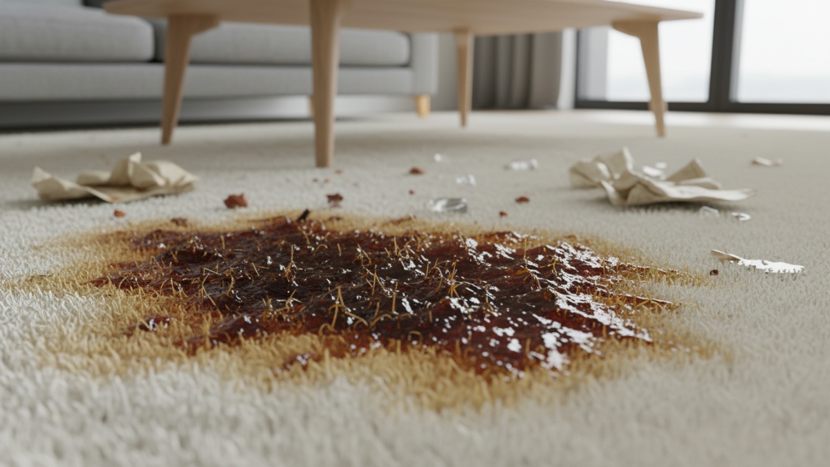 Contoh noda soda yang meresap ke serat karpet rumah. 