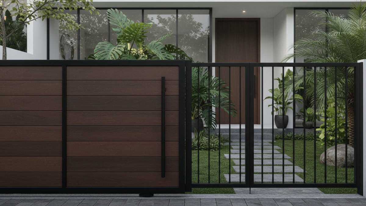 Close-up pagar kayu + besi minimalis modern di depan rumah tropis.