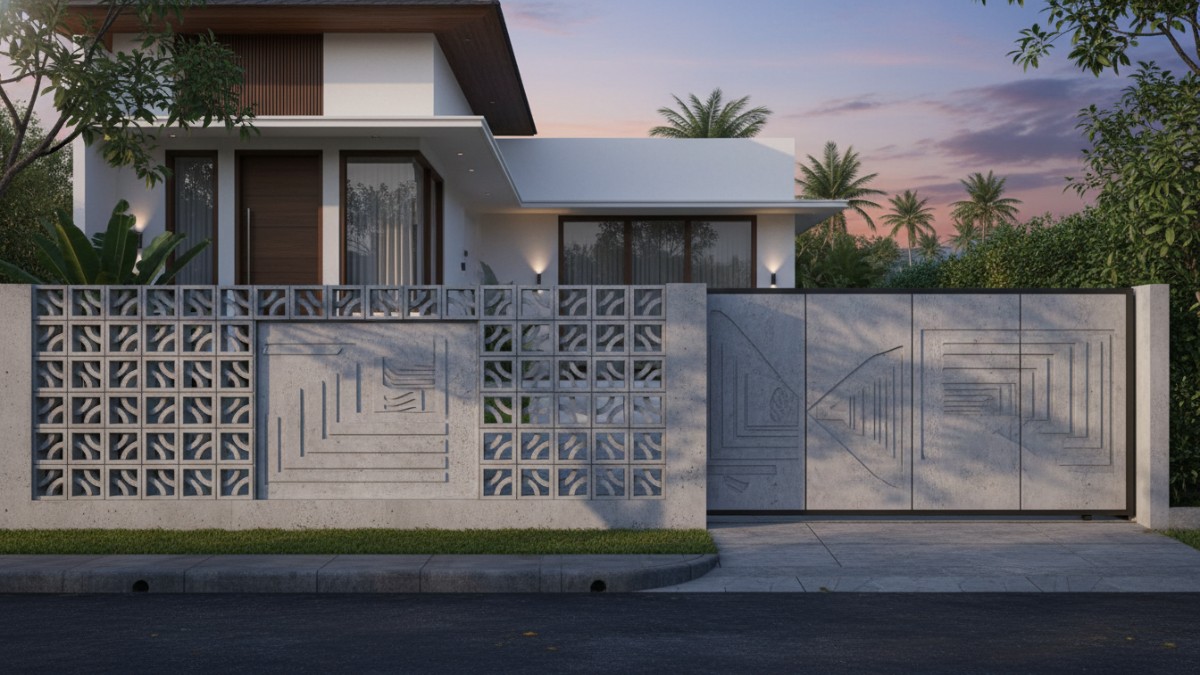 Pagar Beton Artistik dengan Kisi &amp; Grafis Emboss 