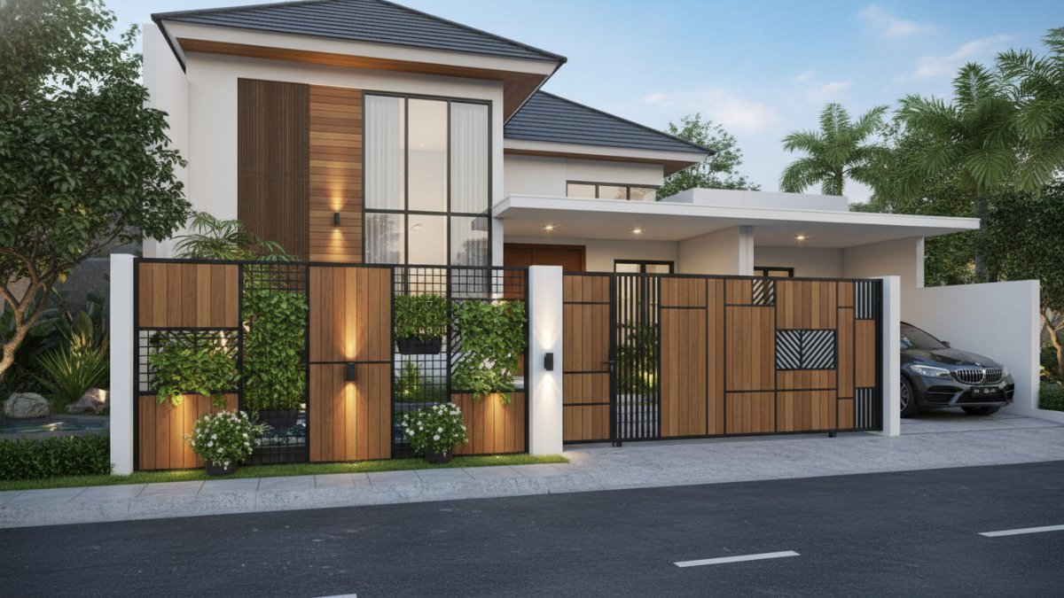 Pagar rumah modern dengan kombinasi material kayu, metal &amp; tanaman hidup yang tampil estetik dan mewah.