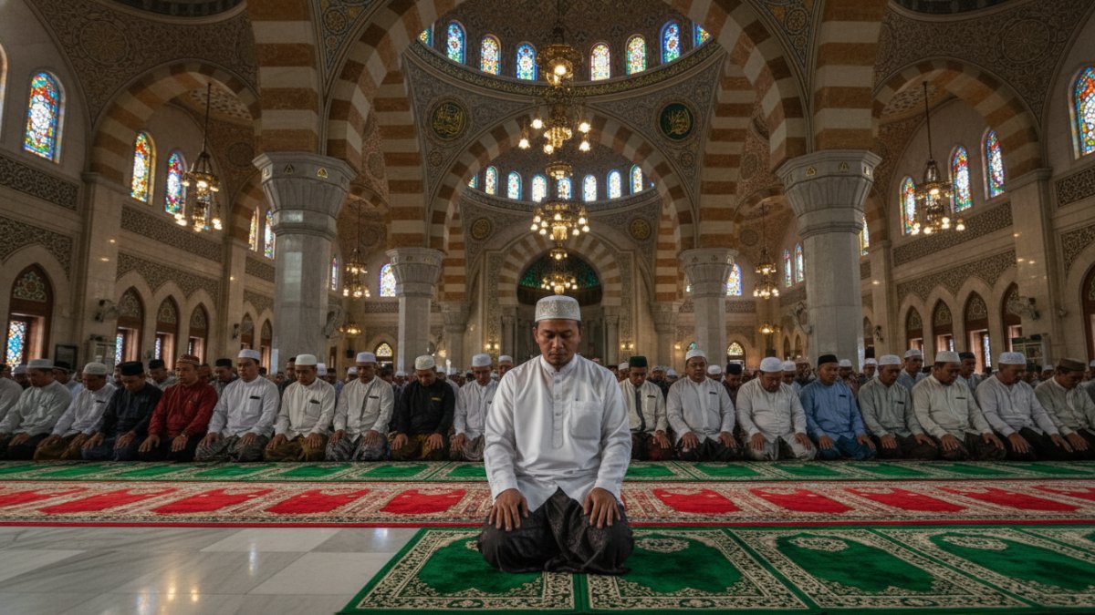 Ilustrasi suasana masjid pada malam Ramadhan yang menggambarkan ibadah malam umat Islam.