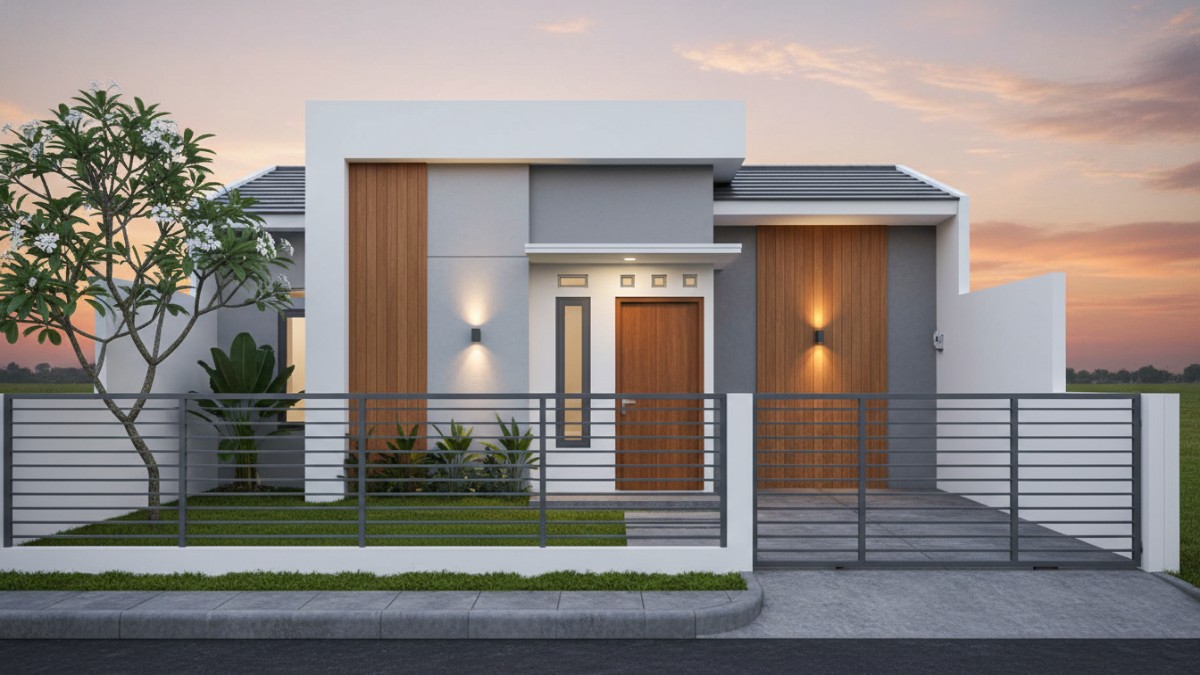  rumah kecil minimalis  Contoh pagar rumah minimalis dengan garis horizontal yang memberi kesan rumah lebih lebar dan modern.