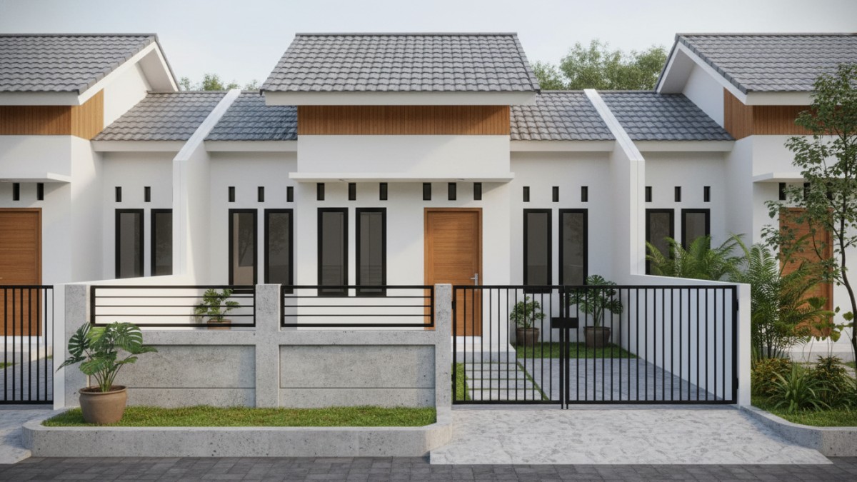 Pagar beton rendah dengan aksen besi