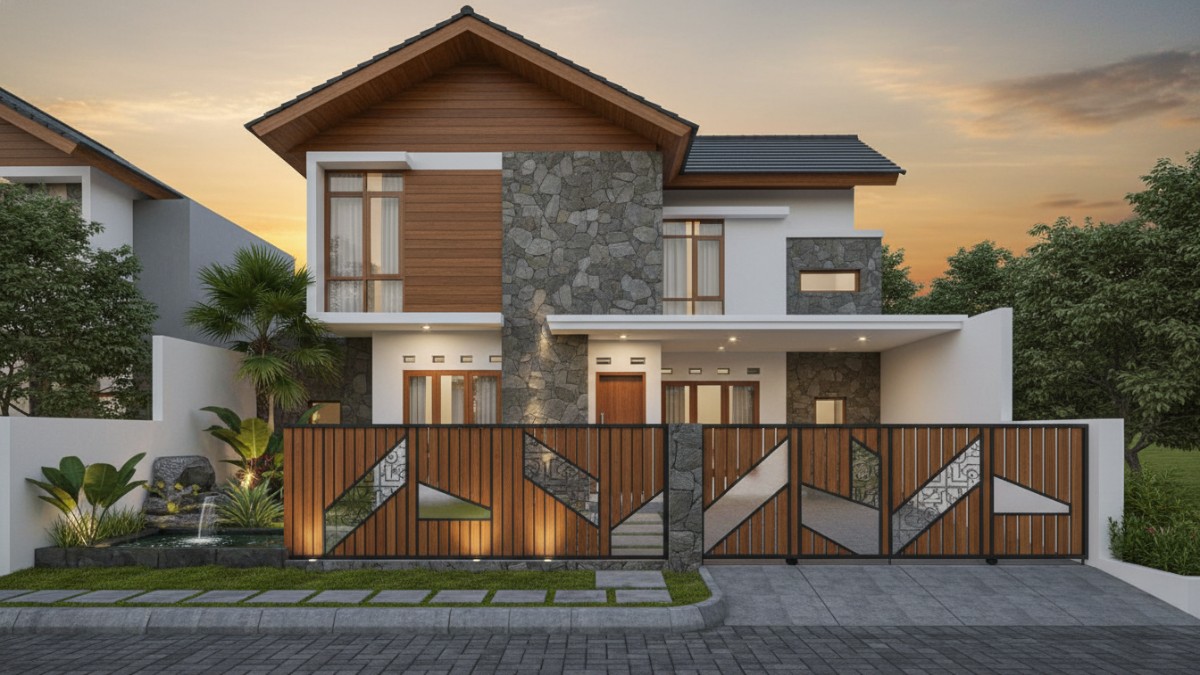 Pagar rumah minimalis modern dengan desain unik yang membuat tampilan fasad rumah terlihat mewah dan elegan.
