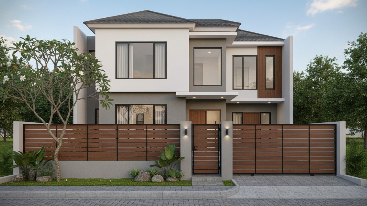 Desain fasad rumah modern dengan pagar minimalis yang menjadi elemen visual utama hunian.