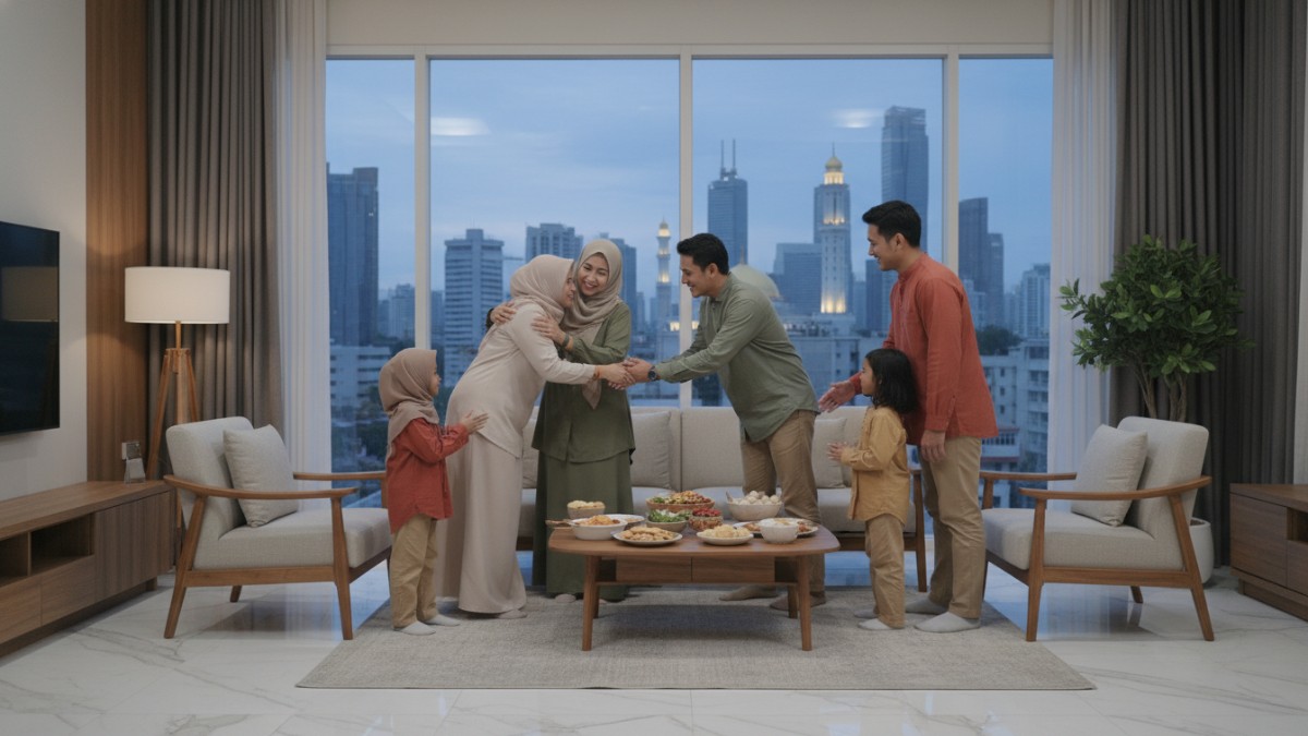 Suasana Idul Fitri dengan saling bersalaman, simbol maaf dan kebersamaan