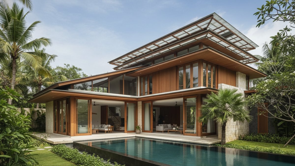 Rumah tropis modern dengan desain atap yang mampu mengurangi panas matahari di wilayah beriklim tropis Indonesia.