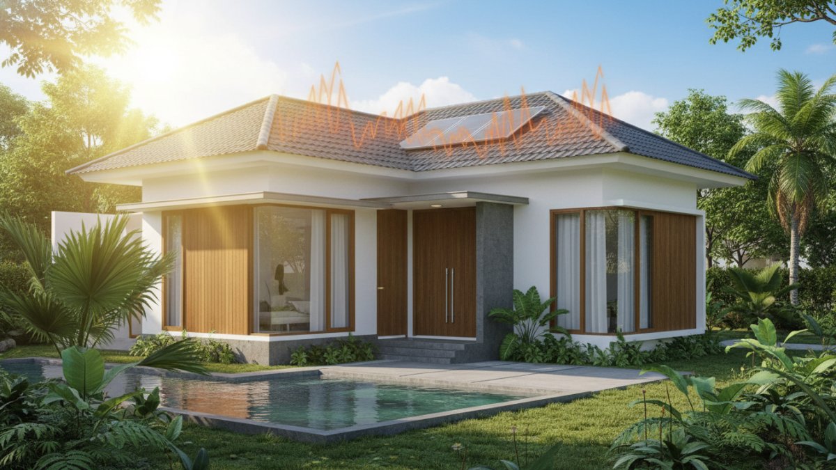 Ilustrasi panas matahari yang menyerap pada permukaan atap rumah di daerah tropis.