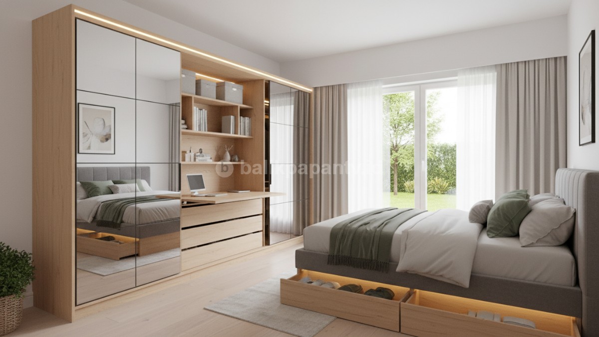 Foto kamar tidur minimalis dengan lemari pintu geser cermin yang memantulkan cahaya matahari pagi yang cerah.