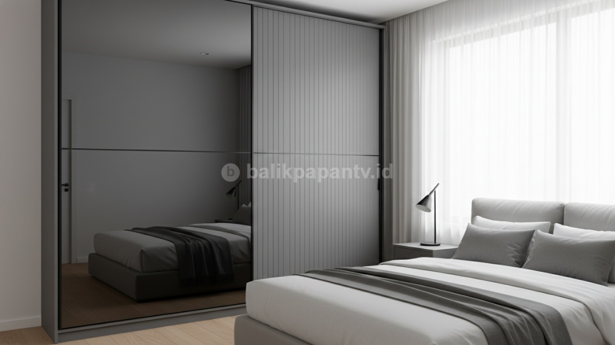 Ilustrasi detail rel pintu geser yang halus dan modern untuk lemari pakaian masa kini.