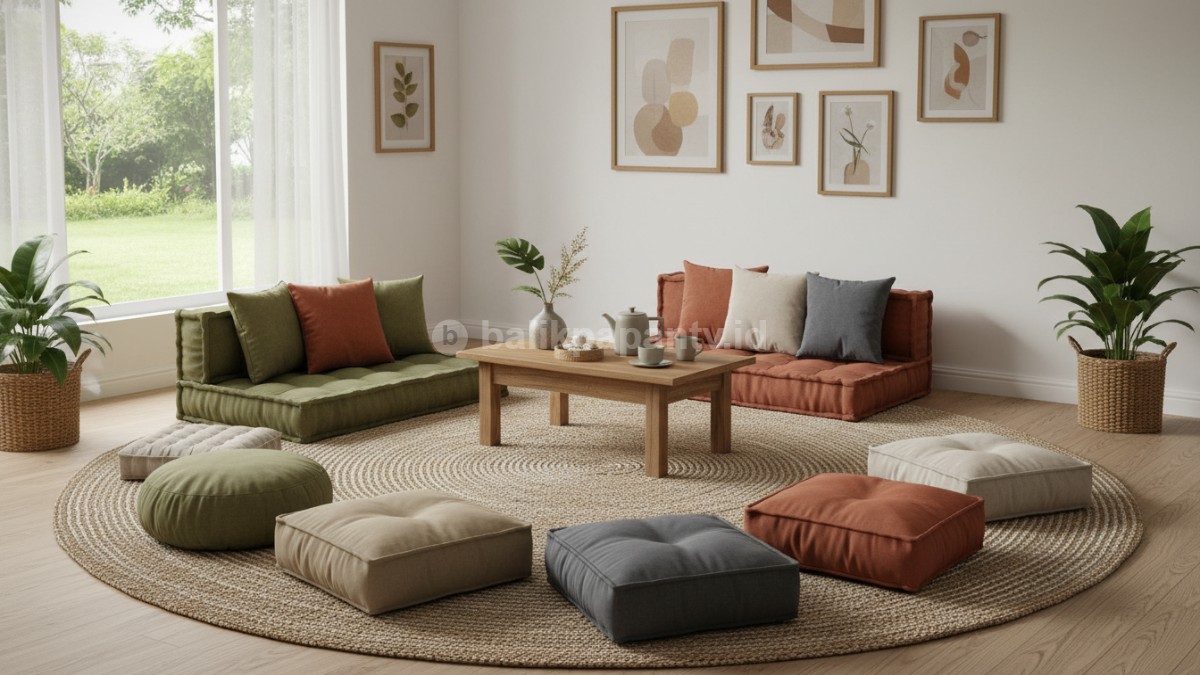  Area Lesehan Premium dengan Karpet Jute dan Pilihan Cushion