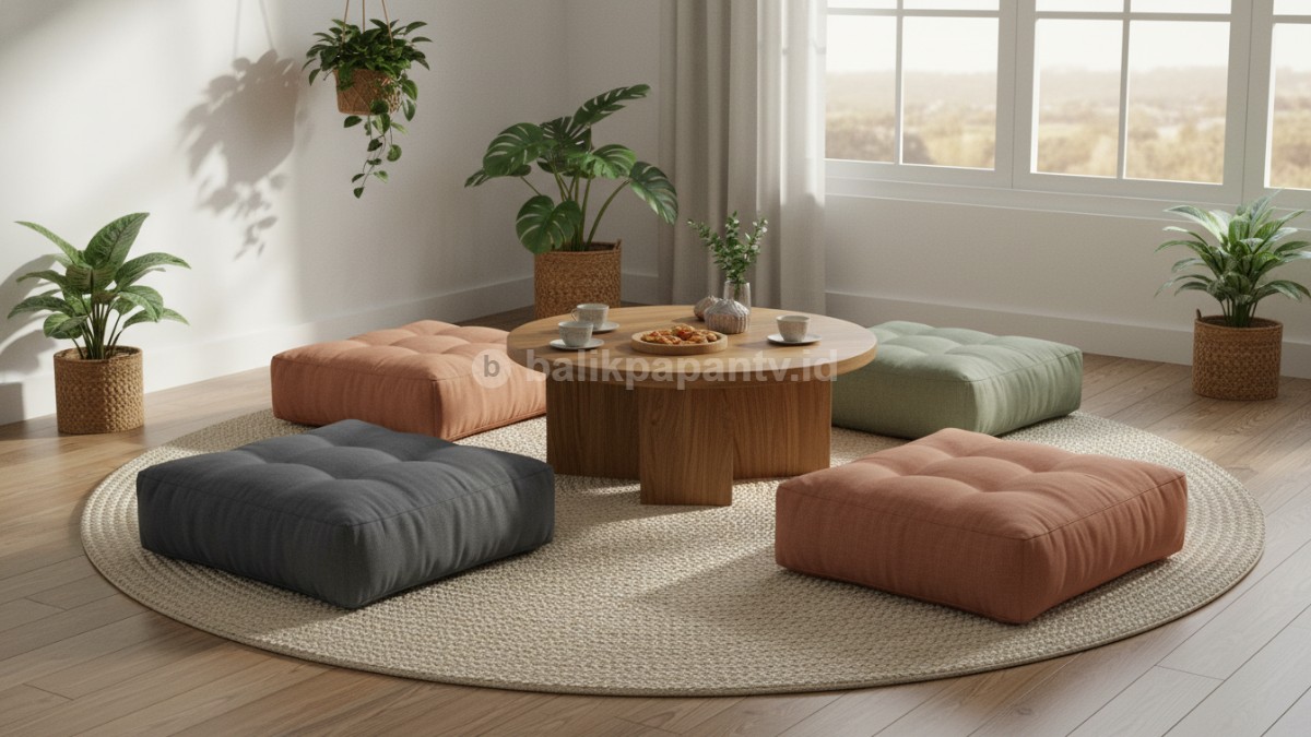 Area lesehan yang nyaman dengan karpet jute bulat dan tumpukan cushion berwarna senada, siap menyambut tamu.
