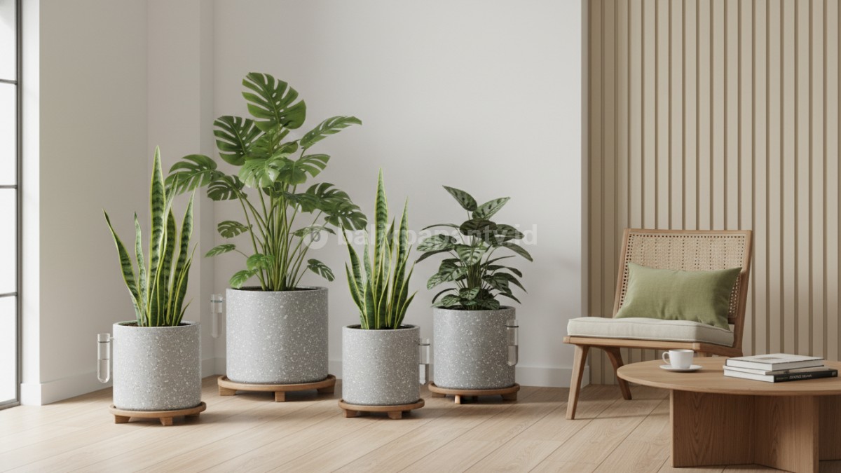 Deretan tanaman indoor estetik dalam pot teraso yang tertata rapi di dekat jendela besar dengan cahaya alami.