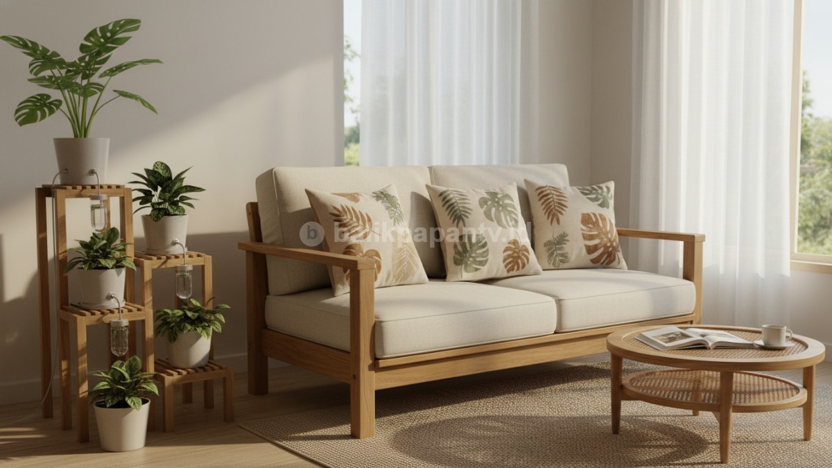 tekstur bantal sofa berbahan linen dengan motif abstrak bumi yang memberikan kesan premium pada furnitur lama.