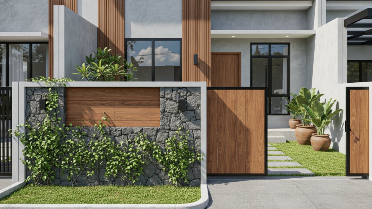 Foto rumah minimalis dengan pagar kayu ulin asli tanpa cat yang memberikan kesan hangat dan sangat menyatu dengan taman depan.