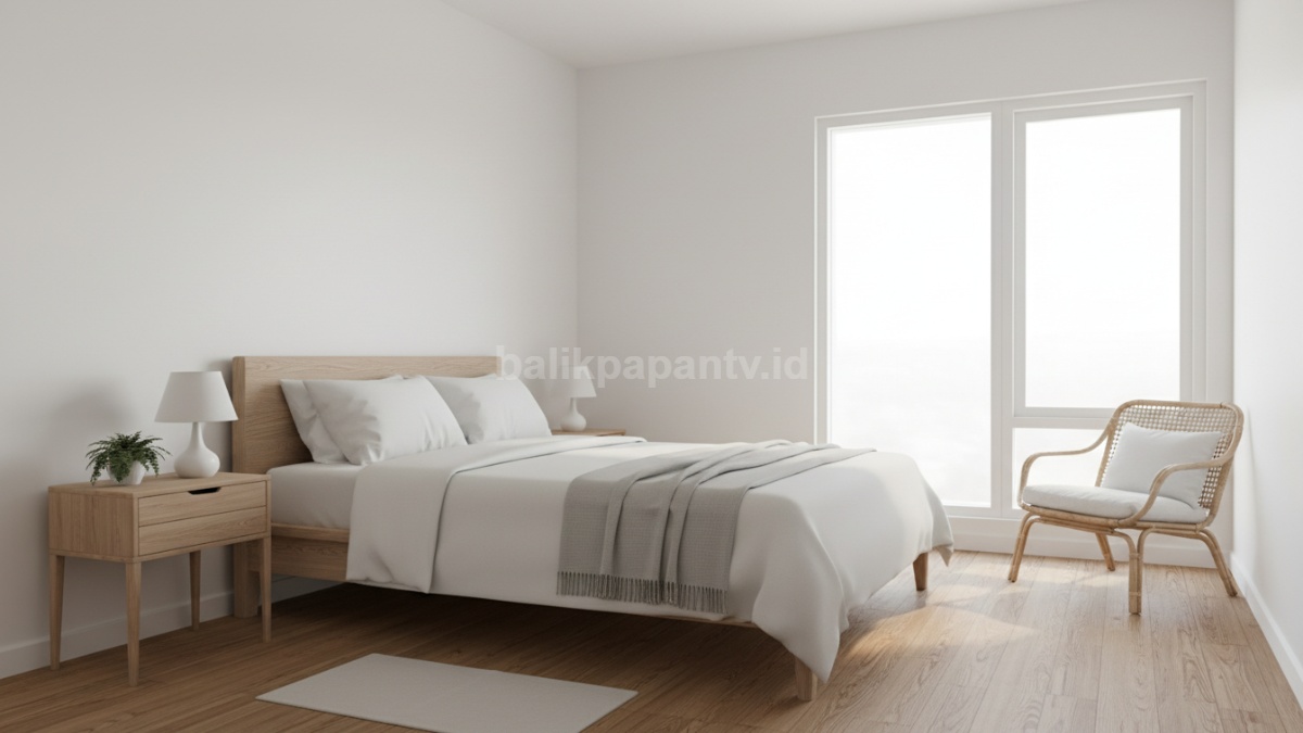 Kamar tidur kecil konsep minimalis dengan warna putih dominan, tempat tidur simpel, dan cahaya matahari masuk dari jendela besar bikin ruangan terasa lapang